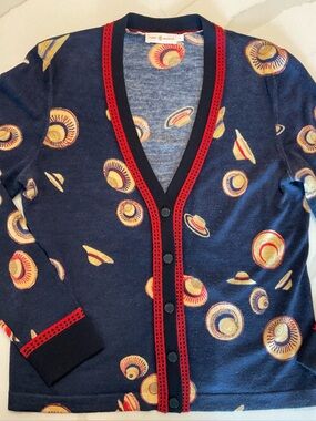 Tory Burch Navy Cardigan with Straw Hat Print